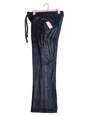 Juicy Couture Velour Rhinestone Script Pants Black Size Medium Y2K Lounge D/90